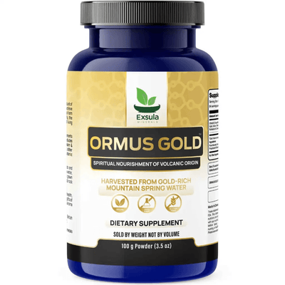 ORMUS Gold Monoatomic Gold Supplement in a 100g powder container, harvested from volcanic spring water, dietary supplement.