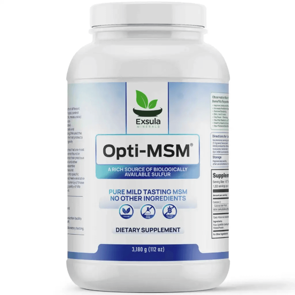 Opti-MSM dietary supplement bottle containing methylsulfonylmethane for joint comfort and overall health.