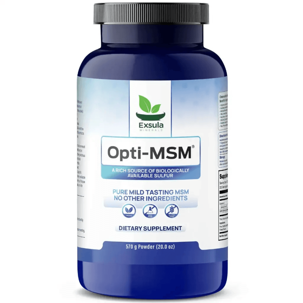 Opti-MSM methylsulfonylmethane dietary supplement by Exsula Minerals, promoting joint comfort and overall health.