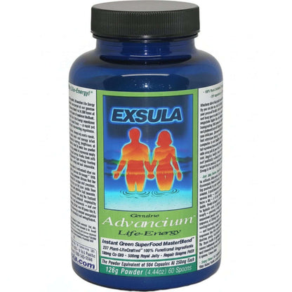 Advancium Longevity Nutrition superfood formula in blue container for daily energy and wellness.