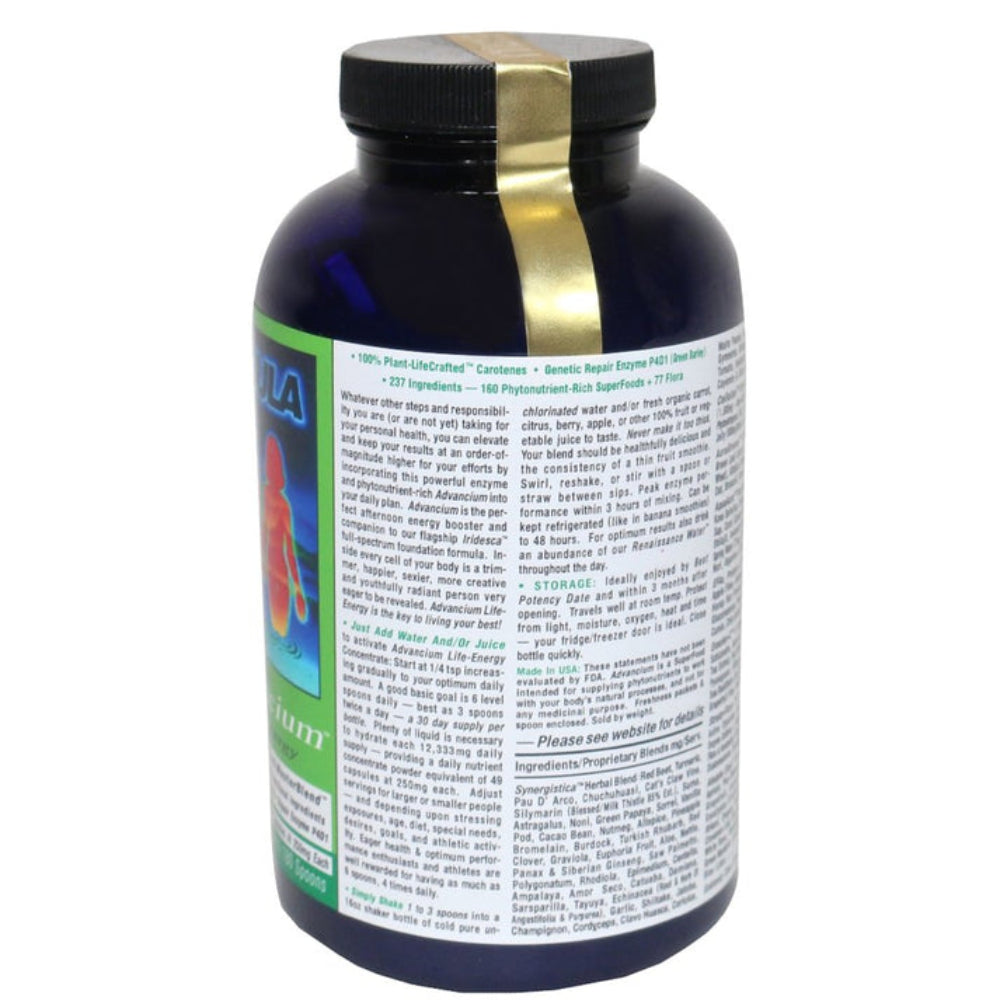 Advancium Longevity Nutrition superfood formula bottle showing nutrition facts and ingredients list.