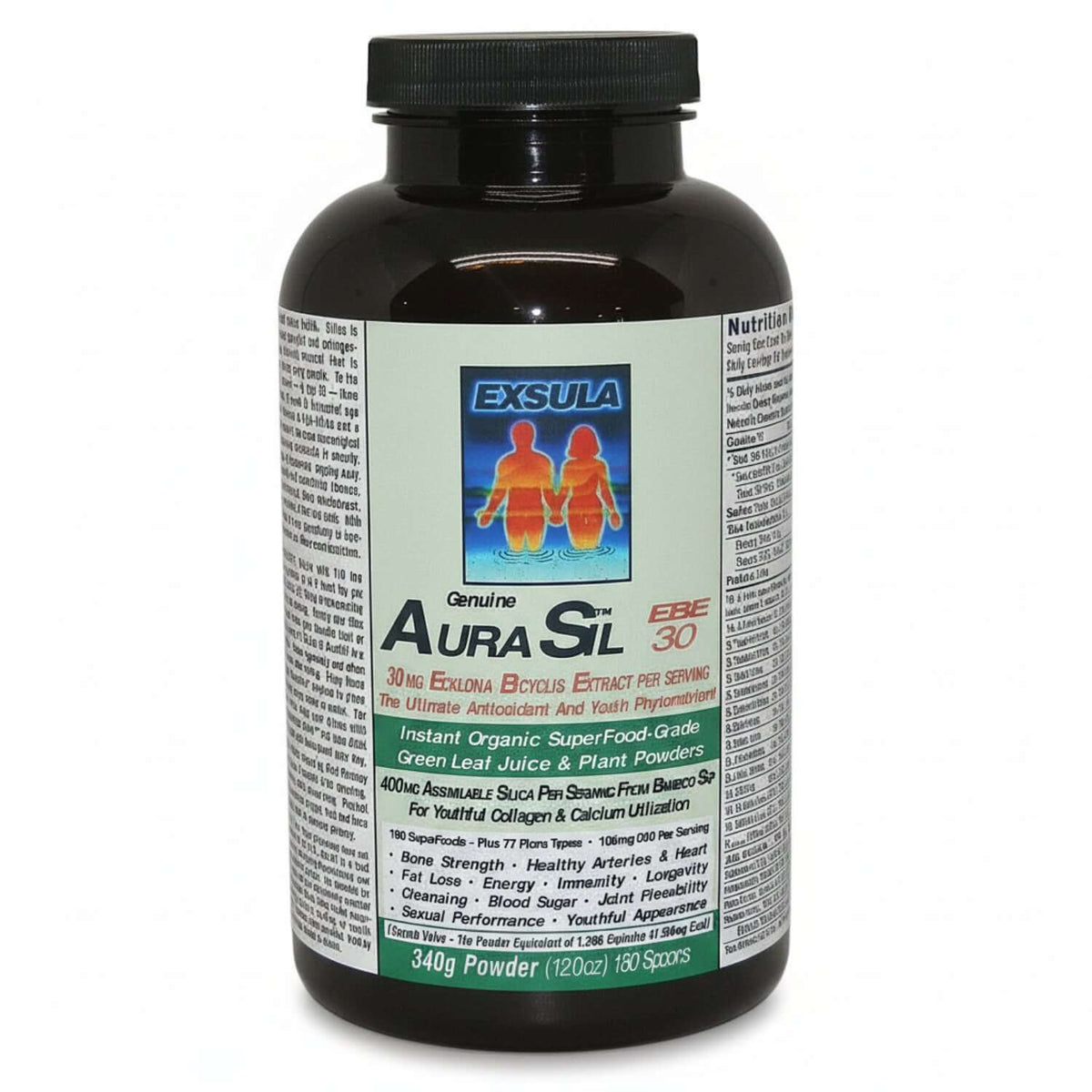 AuraSil - Silica Superfood Blend supplement bottle by Exsula, featuring antioxidant benefits and essential minerals.