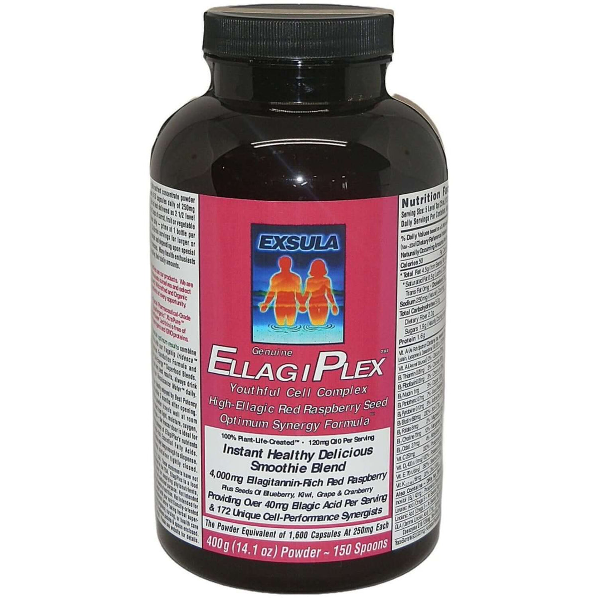 Exsula EllagiPlex Longevity Antioxidant bottle, a youthful cell complex with red raspberry seeds.