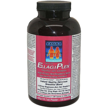 Exsula EllagiPlex Longevity Antioxidant bottle, a youthful cell complex with red raspberry seeds.