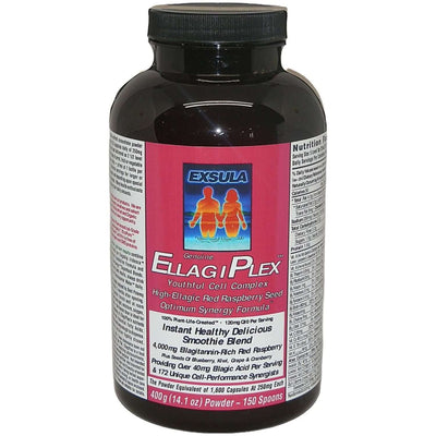 Exsula EllagiPlex Longevity Antioxidant bottle, a youthful cell complex with red raspberry seeds.