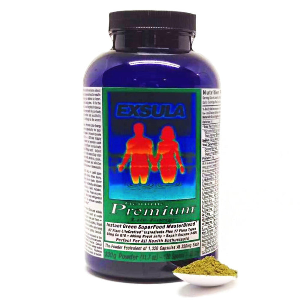 Exsula Superfoods Premium - Raw Botanical Brain Tissue Nutrients bottle with powder scoop.