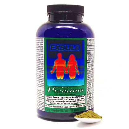 Exsula Superfoods Premium - Raw Botanical Brain Tissue Nutrients bottle with powder scoop.