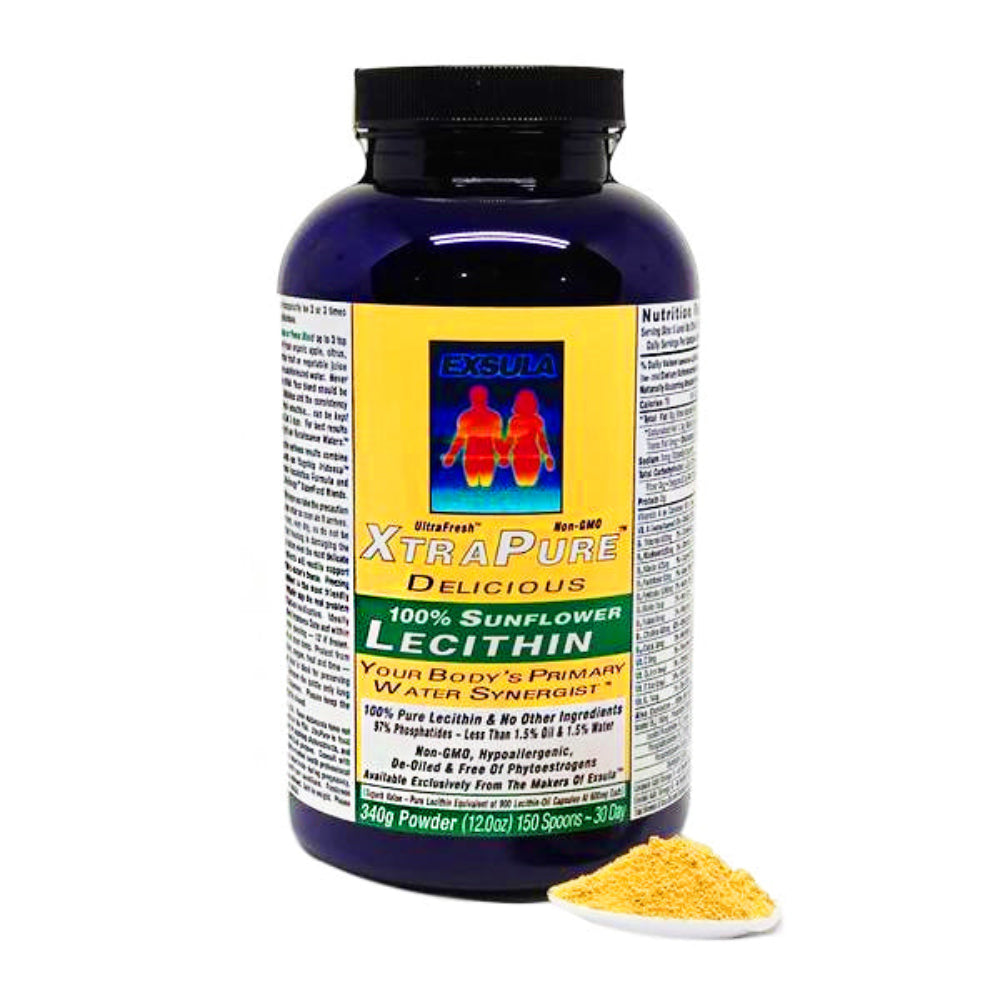 XtraPure Lecithin Non GMO Phosphatidylcholine from Organic Sunflower Lecithin in a jar with powder on the side.