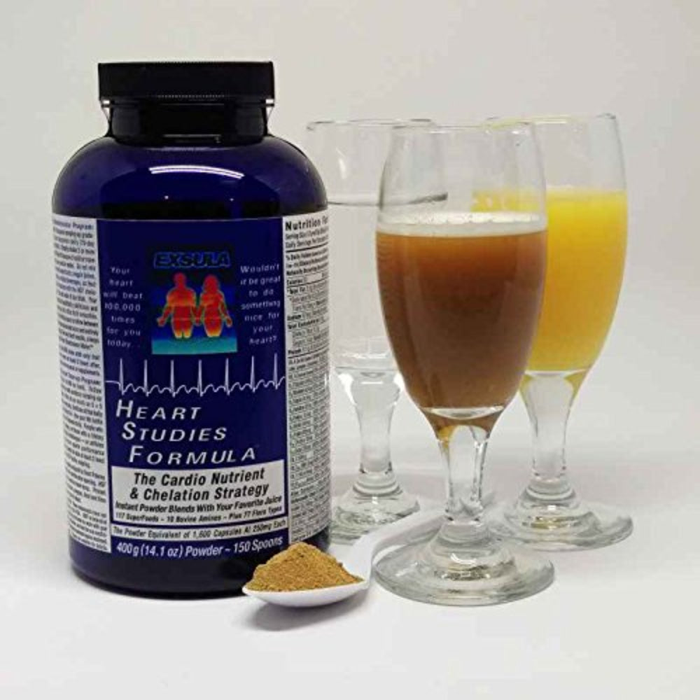 Heart Studies Formula by Exsula Superfoods, a phytosterol cardiovascular support supplement with drinks.