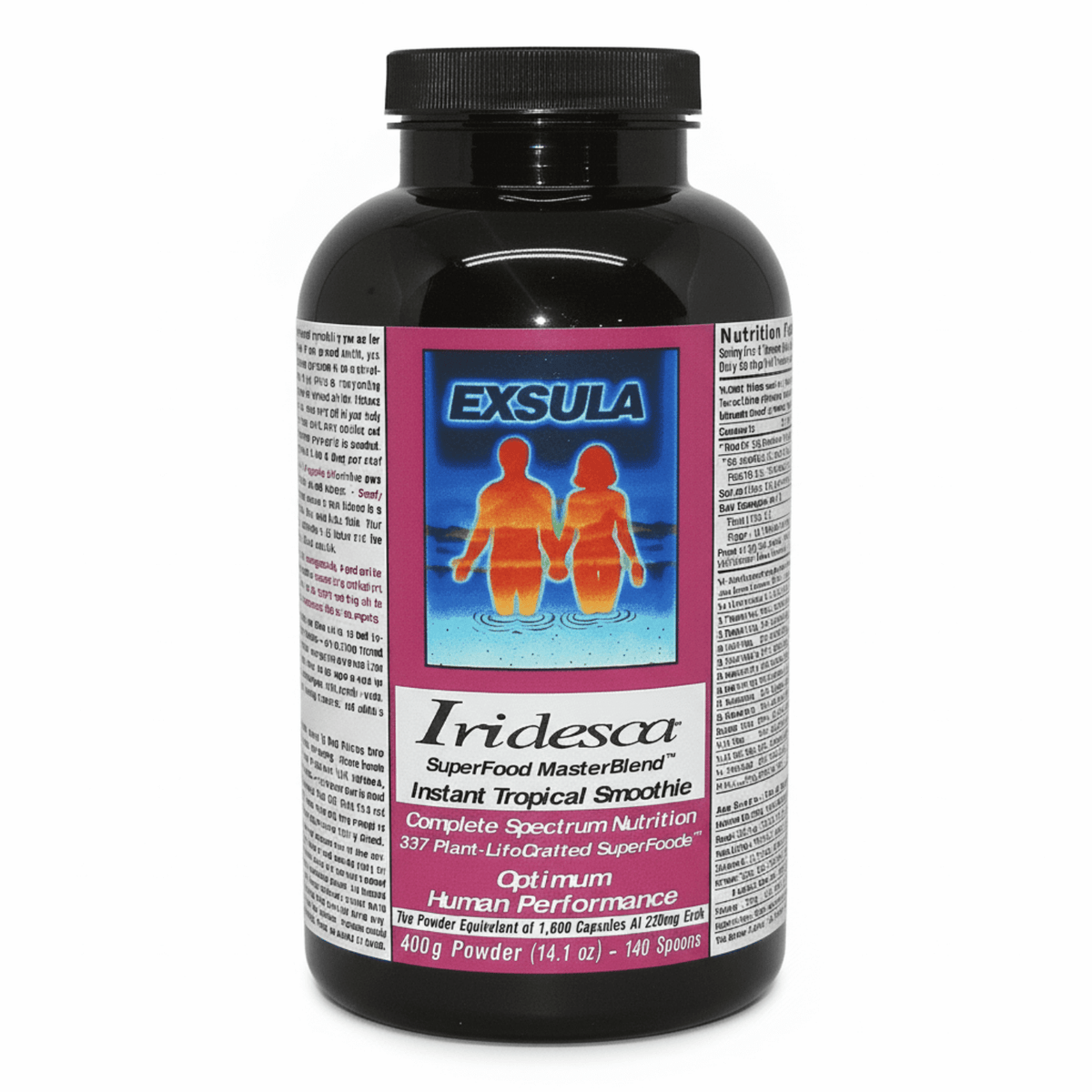 Iridesca - Professional Grade Complete Superfood in a bottle, showcasing nutritional benefits and health information.