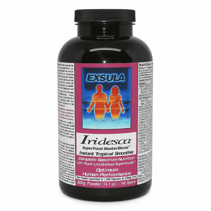 Iridesca - Professional Grade Complete Superfood in a bottle, showcasing nutritional benefits and health information.