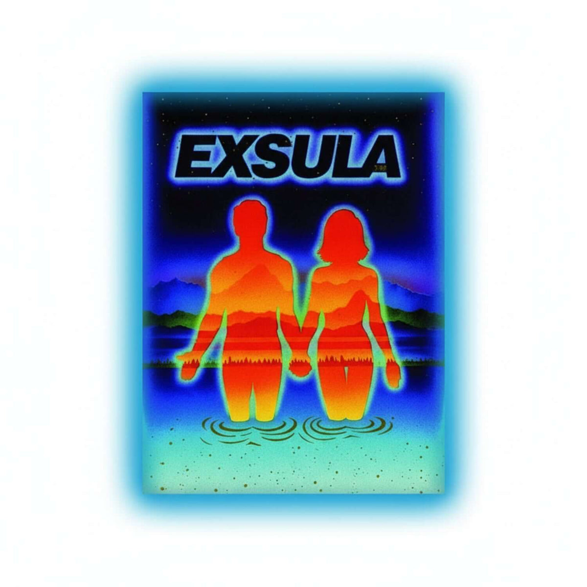 Exsula Superfoods Samples vibrant packaging featuring a silhouette couple standing in water against a colorful sunset.