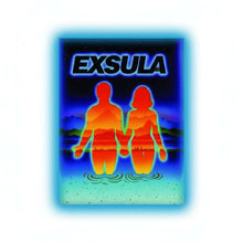 Exsula Superfoods Samples vibrant packaging featuring a silhouette couple standing in water against a colorful sunset.