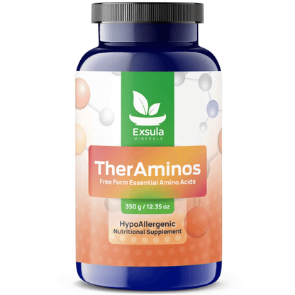 TherAminos by Exsula Minerals, Free Form Amino Acid Complex in a blue container, 350g nutritional supplement.