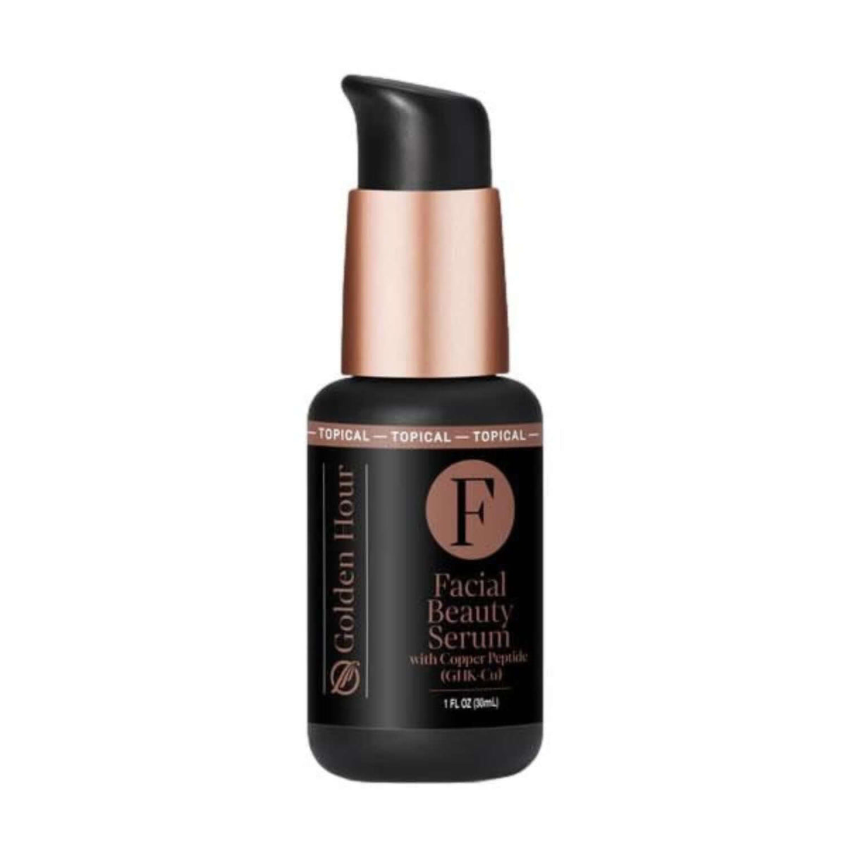 Facial Beauty Serum - Support for Estrogen Deficient Skin in a black and rose gold bottle, designed for aging skin.