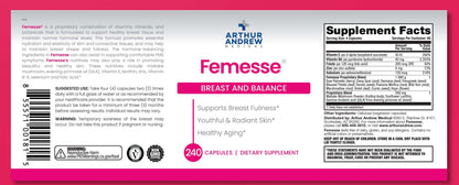 Femesse Hormone Balance Supplement label showing benefits, ingredients, and supplement facts for women's health.
