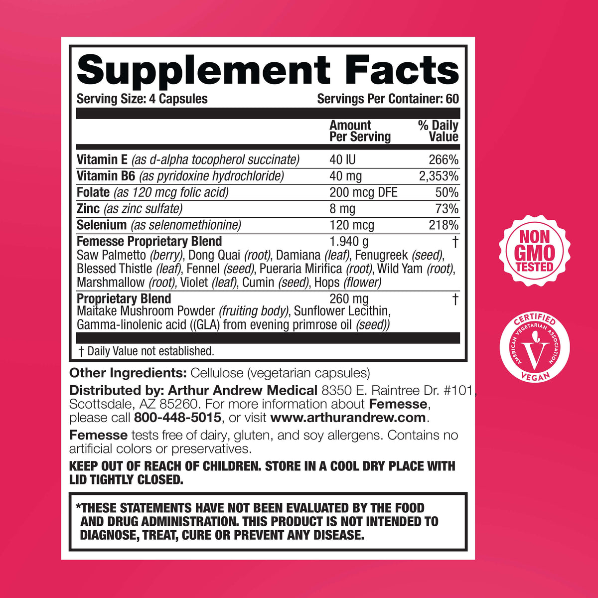 Supplement Facts for Femesse Hormone Balance Supplement, detailing ingredients and nutritional information.