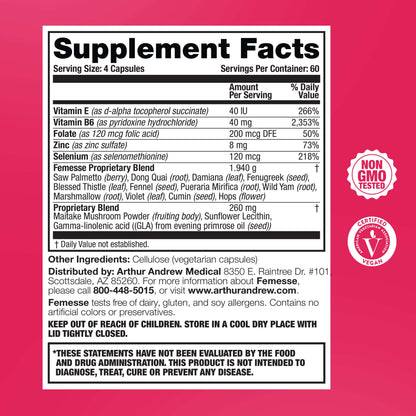 Supplement Facts for Femesse Hormone Balance Supplement, detailing ingredients and nutritional information.