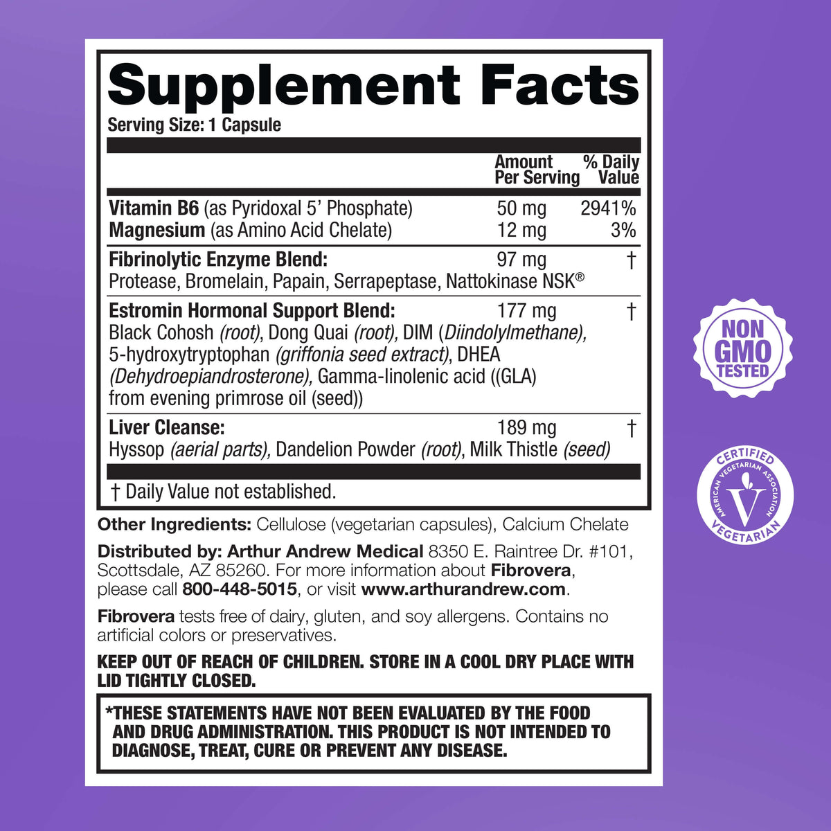 Supplement facts for Fibrovera, featuring Fibrinolytic Enzymes and other key ingredients for women's health.