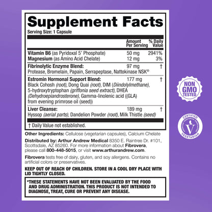 Supplement facts for Fibrovera, featuring Fibrinolytic Enzymes and other key ingredients for women's health.