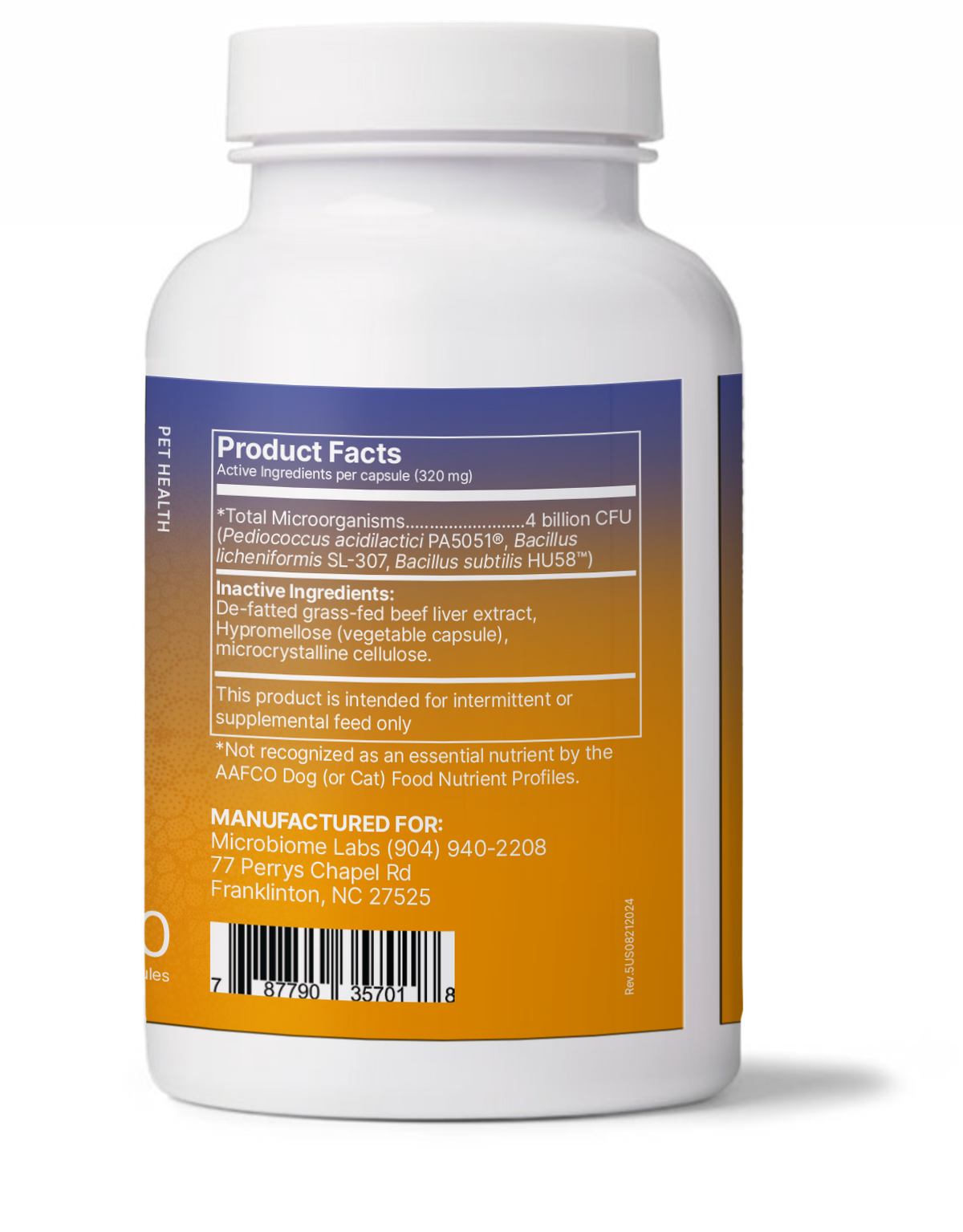 FidoSpore - Spore Based Probiotics for Dogs and Cats product facts and ingredients in a supplement bottle.
