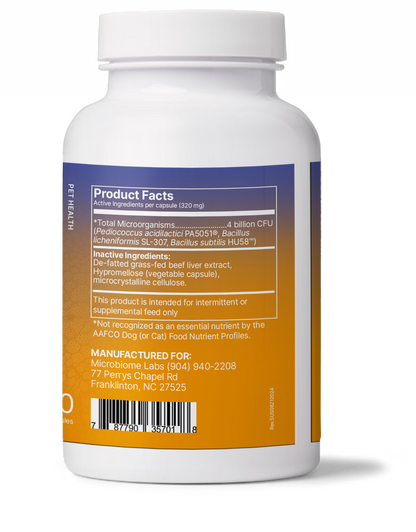 FidoSpore - Spore Based Probiotics for Dogs and Cats product facts and ingredients in a supplement bottle.