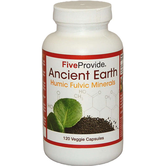 Bottle of FiveProvide Ancient Earth Humic Fulvic Minerals on a white background