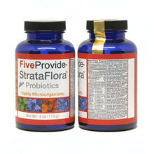 FiveProvide StrataFlora probiotic supplement bottles showcasing viable microorganisms for digestive health.