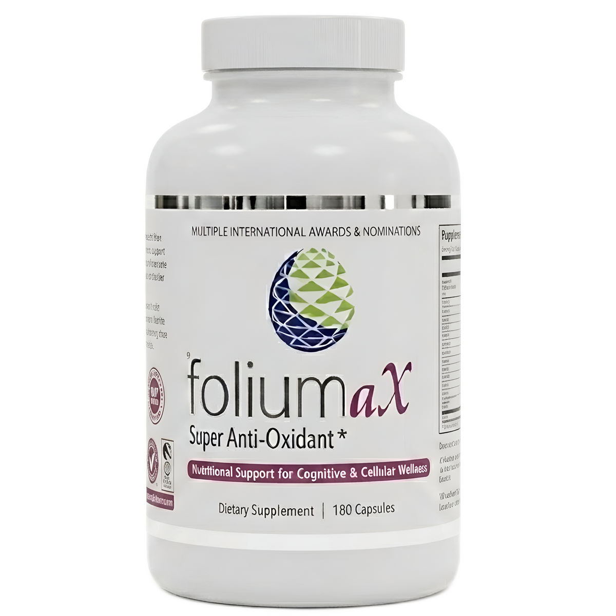 A white bottle of folium aX dietary supplement with a white cap, featuring a label with green and purple accents, on a plain white background.