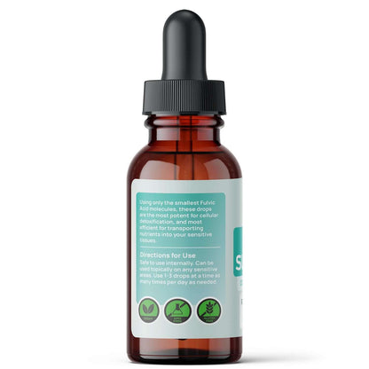 Fulvic SuperFine serum bottle, ideal for sensitive mucous membranes, containing Fulvic Acid for Mucous Membranes.