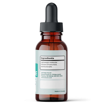 Fulvic SuperFine serum bottle with dropper, featuring Fulvic Acid for Mucous Membranes and ingredient details.