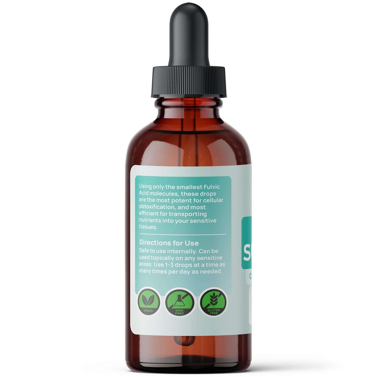 Fulvic SuperFine drops bottle for Fulvic Acid for Mucous Membranes with usage directions and details.