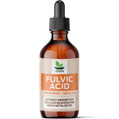Exsula Minerals Fulvic Acid Organic Trace Mineral Concentrate 4 oz bottle for nutrient absorption and detox.