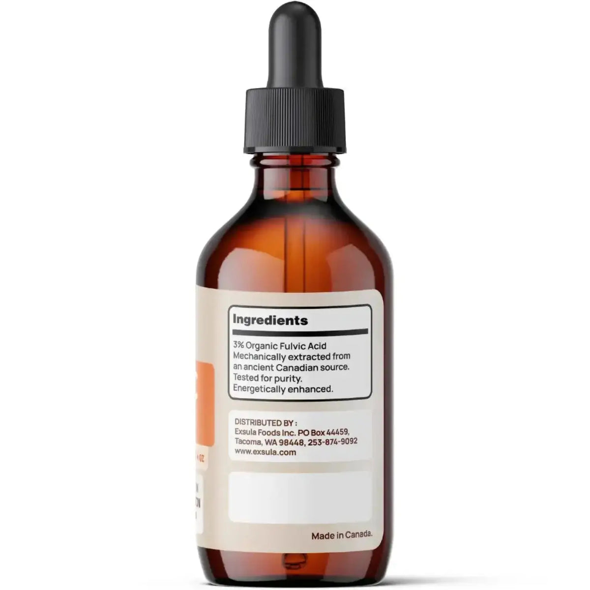Bottle of Fulvic Acid 3% Organic Trace Mineral Concentrate with ingredients label for improved nutrient absorption.