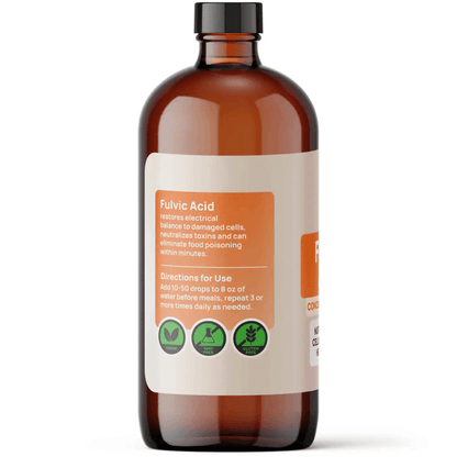 Organic Trace Mineral Concentrate - Fulvic Acid in amber bottle, restoring cell balance and neutralizing toxins.
