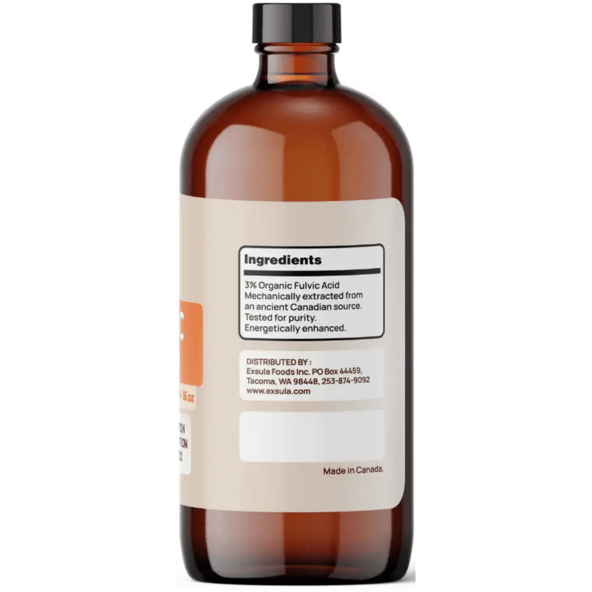 Bottle of Exsula Minerals Fulvic Acid with ingredients label, highlighting Organic Trace Mineral Concentrate.