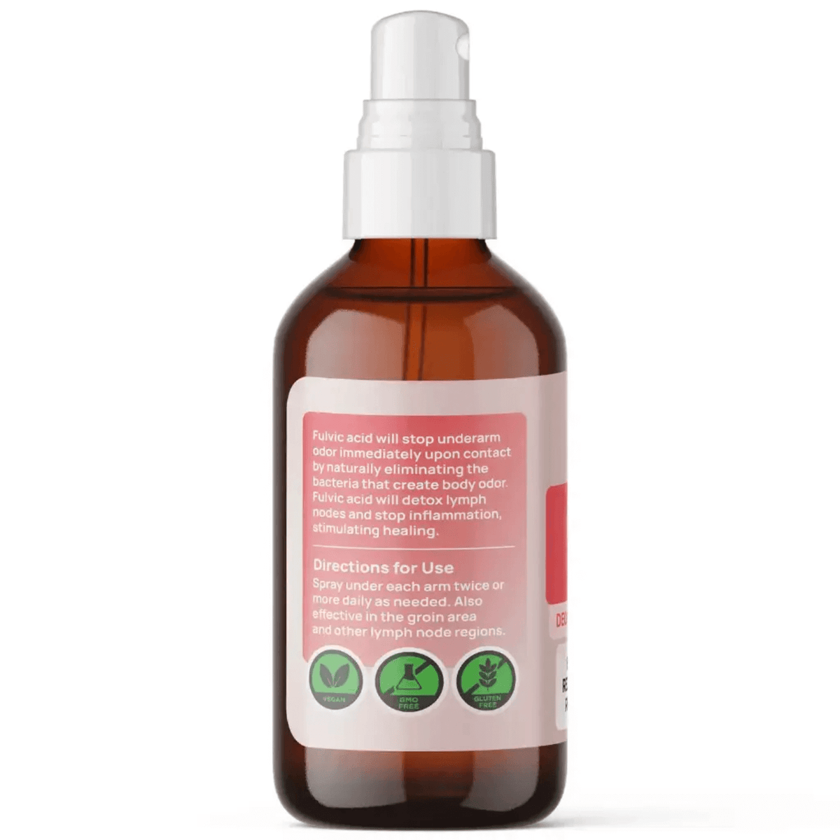 Natural Mineral Deodorant bottle with instructions for use and benefits of Fulvic Acid.
