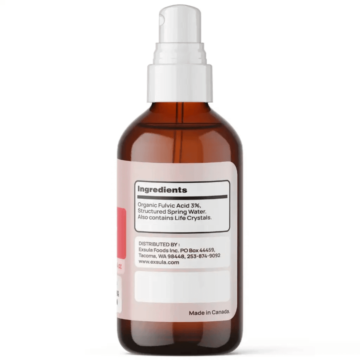 Fulvic Deo bottle showing ingredients, including Organic Fulvic Acid 3%, structured spring water, and Life Crystals. Natural Mineral Deodorant.