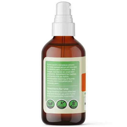 Fulvic Pain - Soothing Relief Spray bottle with instructions for use and benefits of Fulvic Acid for skin irritation.