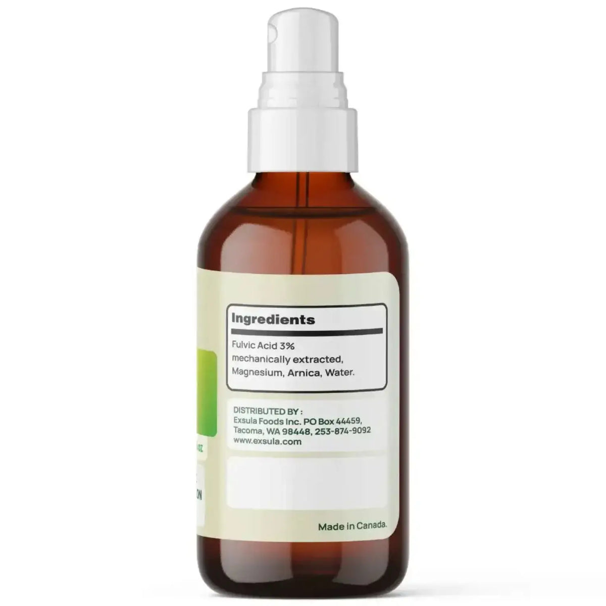 Soothing Relief Spray bottle displaying ingredients: Fulvic Acid 3%, Magnesium, Arnica, and Water.