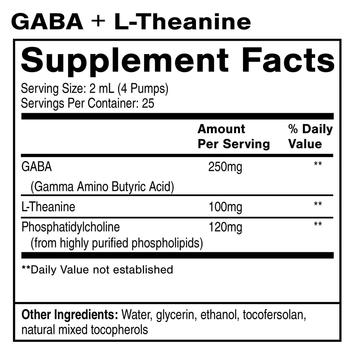Supplement facts for GABA with L-Theanine, containing Liposomal Gamma-aminobutyric Acid, serving size, and ingredients.