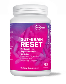 Gut-Brain Reset probiotic supplement promoting digestive comfort and balanced mood, Psychobiotic for Mental Clarity.
