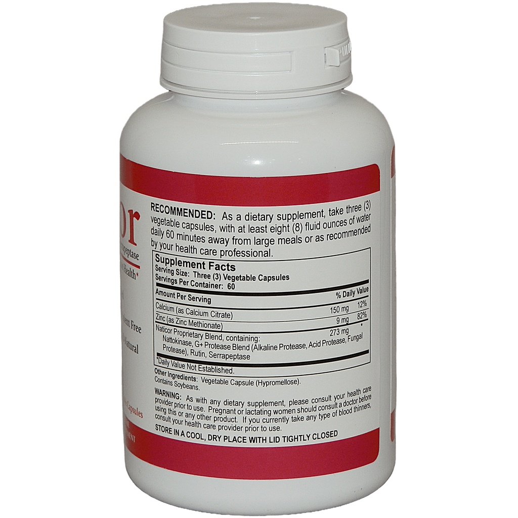 Naticor Proteolytic Enzyme Complex dietary supplement bottle with supplement facts label.