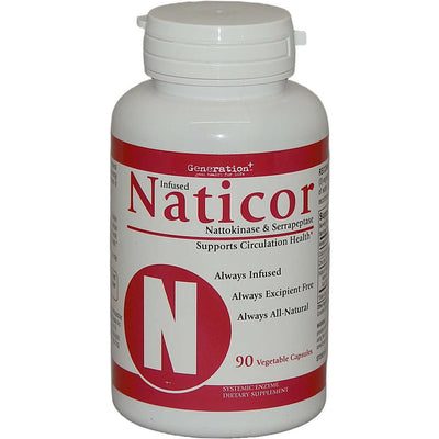 Naticor Proteolytic Enzyme Complex supplement bottle, contains Nattokinase and Serrapeptase.
