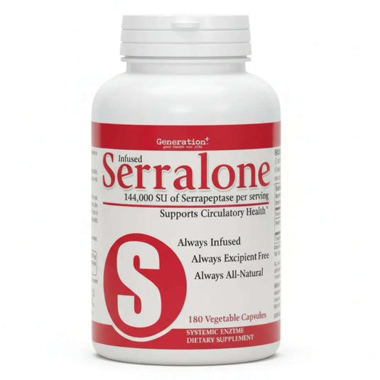 Serralone bottle containing 180 Proteolytic Enzymes, supports circulation with systemic enzymes, infused for health.