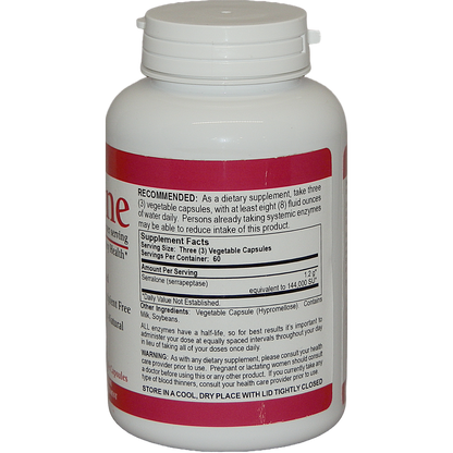 Serralone Serrapeptase Proteolytic Enzyme bottle showing supplement facts and recommended usage instructions.