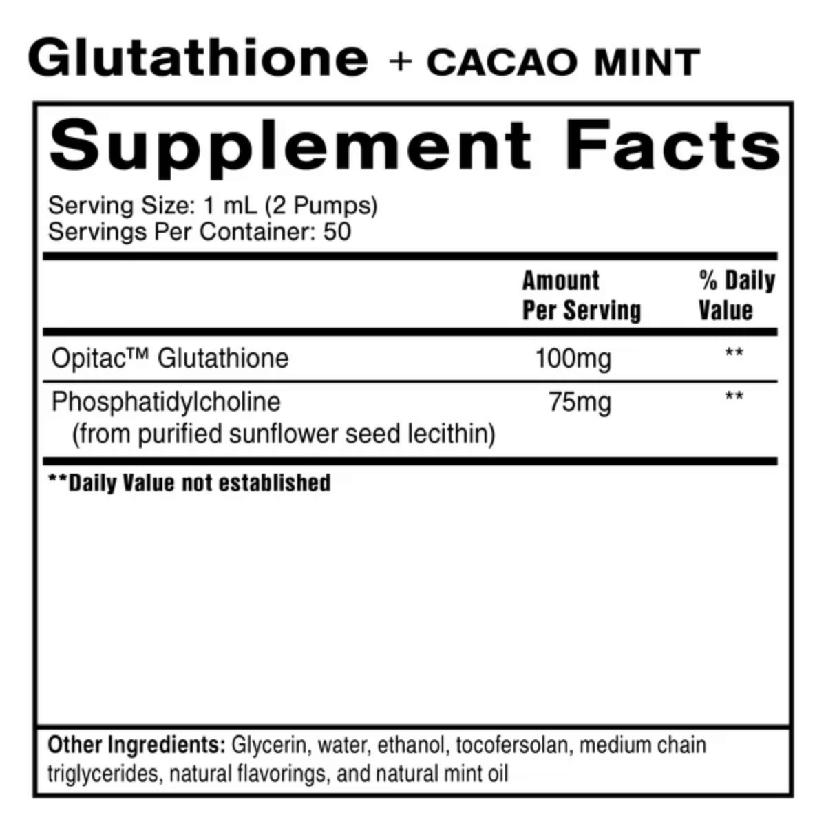 Supplement facts for Glutathione + Cacao Mint, featuring dosage and ingredients information.