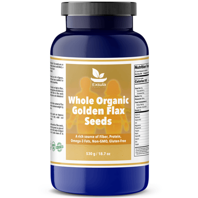 Golden Flax Seeds in a blue jar, a source of Organic Gluten Free Plant Protein, high in fiber and omega-3 fats.