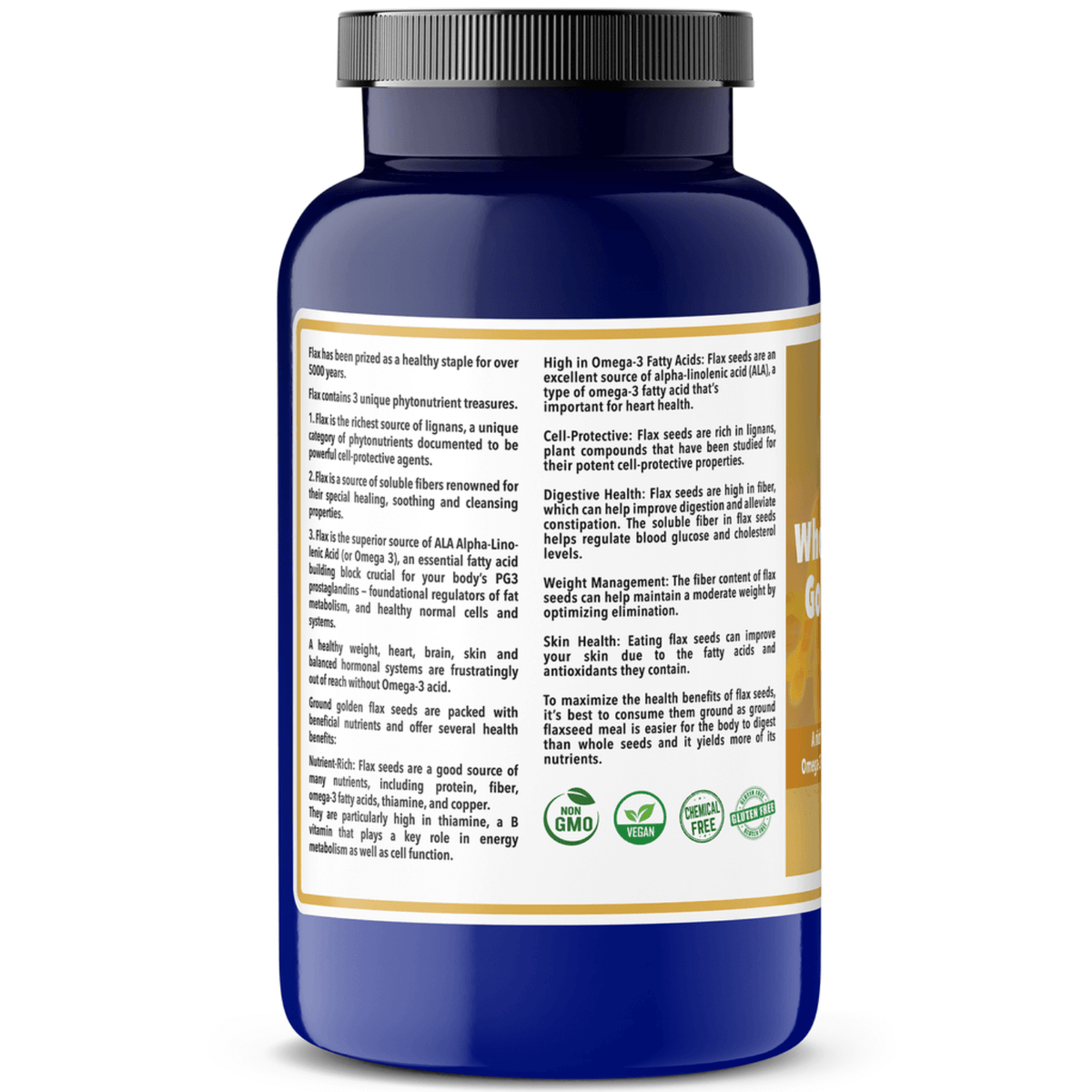 Golden Flax Seeds - Organic Gluten Free Plant Protein product label detailing health benefits and nutritional information.
