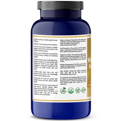 Golden Flax Seeds - Organic Gluten Free Plant Protein product label detailing health benefits and nutritional information.